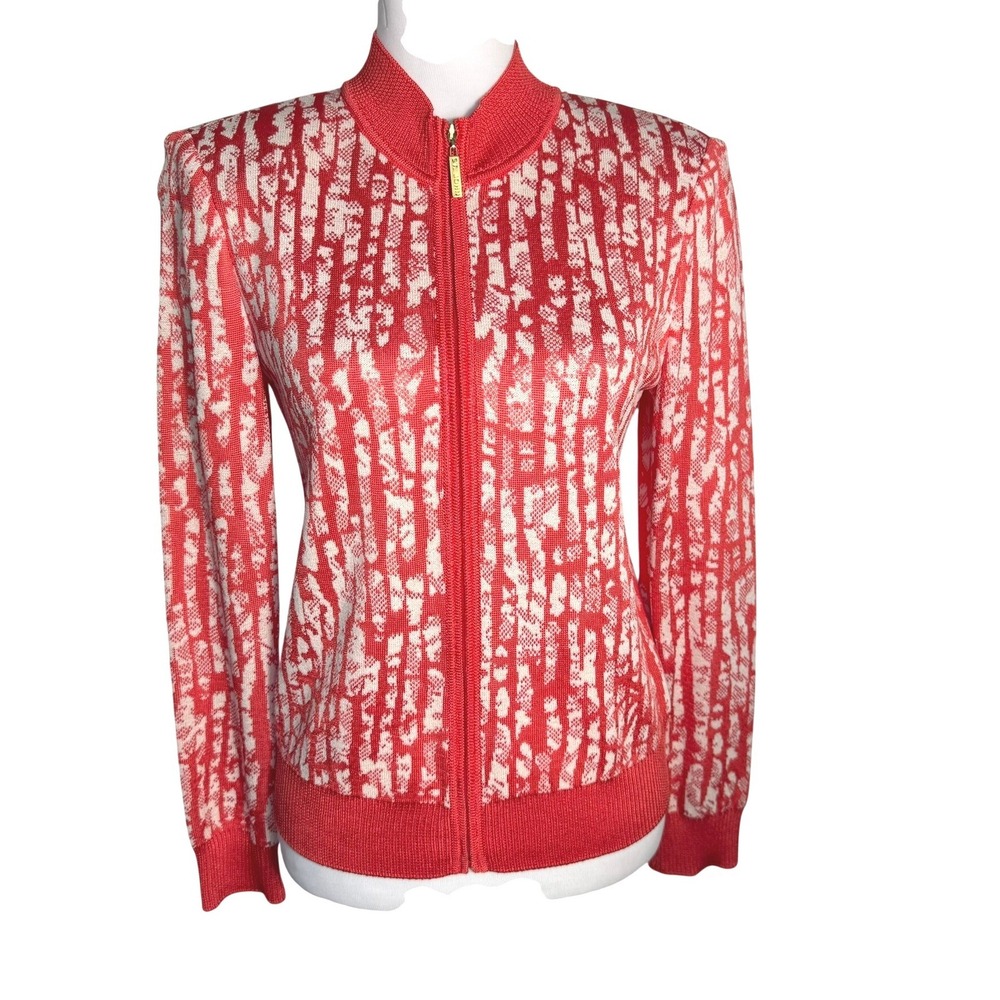 ST. JOHN Women Small Petite Coral White Abstract Knit Full Zip Wool Blend Jacket